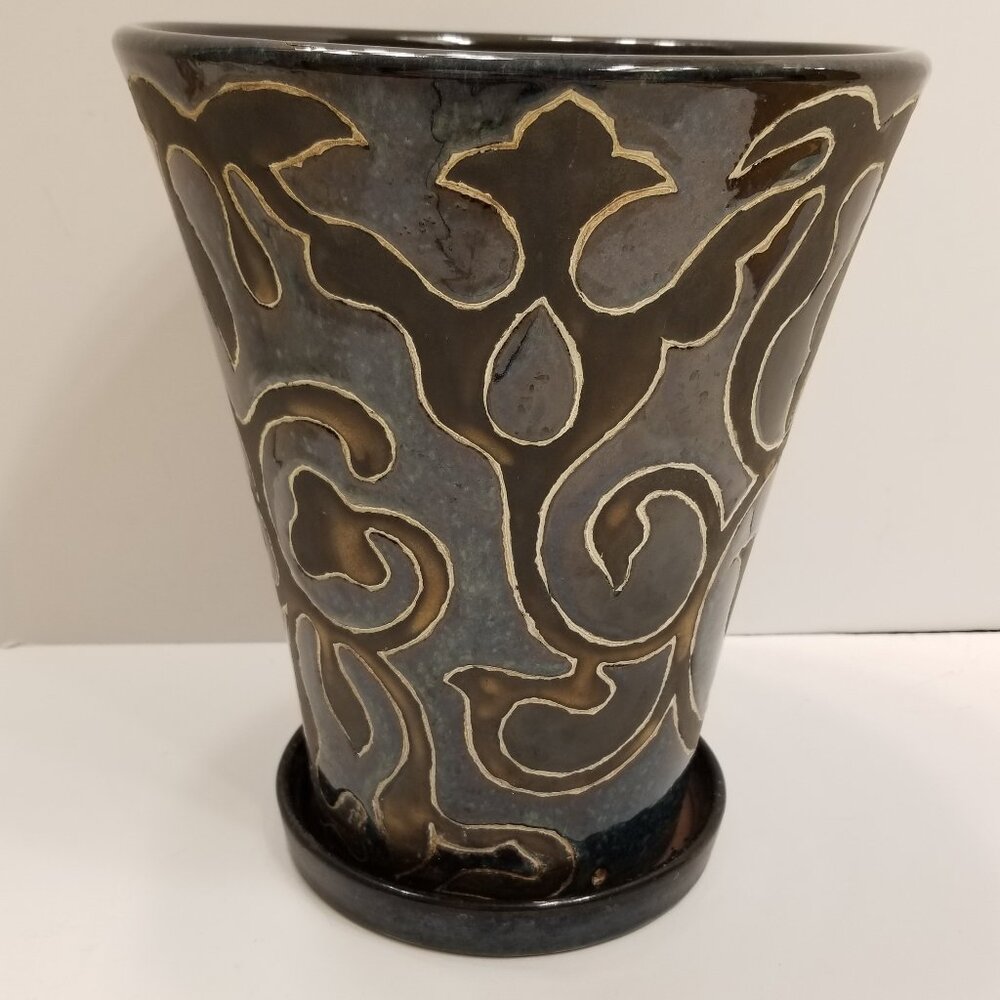 NorCal Dark Green Bronze Scrolls Urn Plant Pot Elegant Stylish Earthy